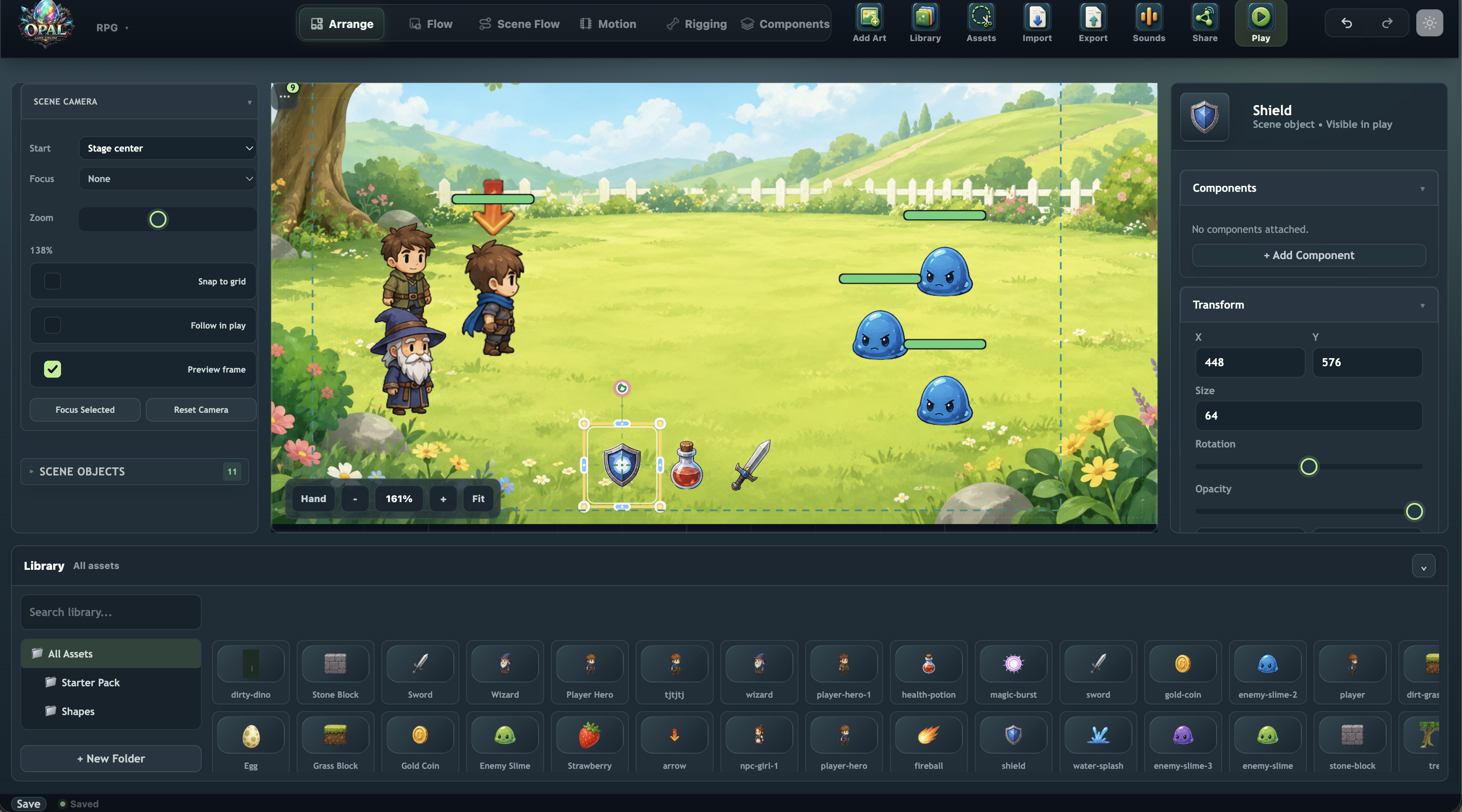 Opal editor showing a game scene, assets, and inspector panels
