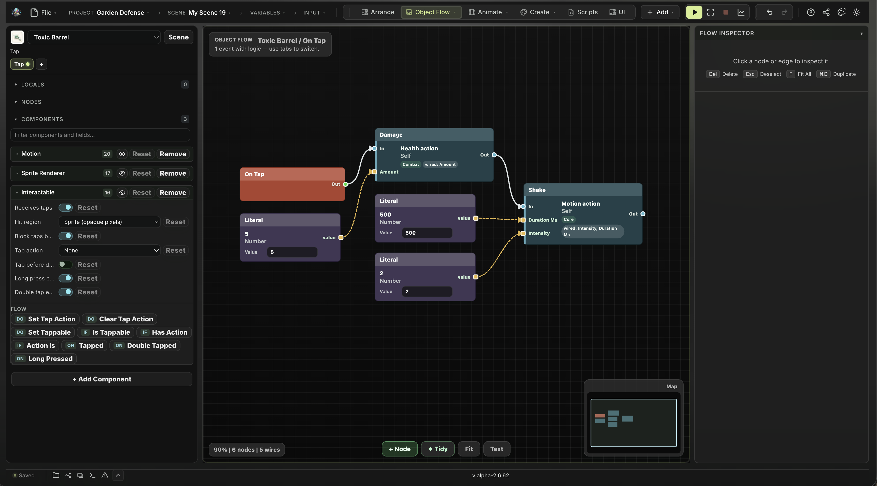 An Object Flow graph in the Opal editor: an On Tap event wired through Damage and Shake action nodes with literal values