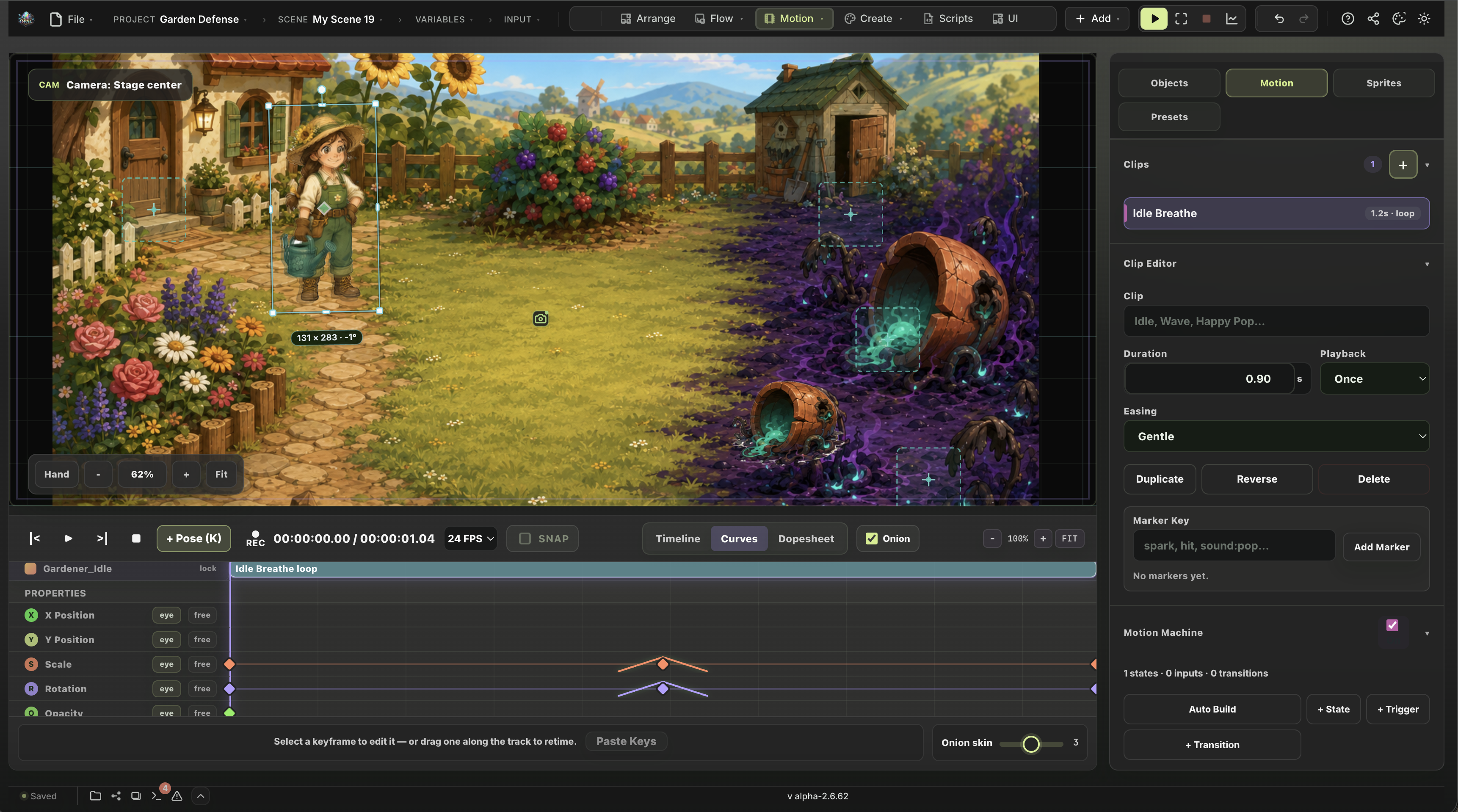 The Motion workspace in the Opal editor: a garden scene on stage with an Idle Breathe clip, curve editor, and Motion Machine panel