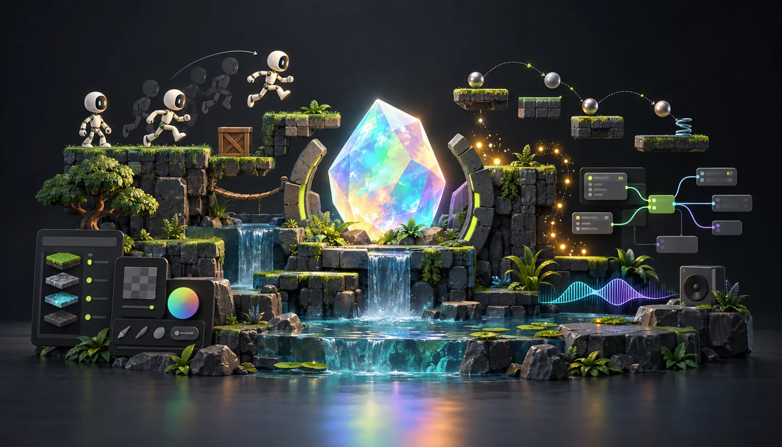 Concept illustration of Opal’s creative tools: a luminous gemstone surrounded by animated characters, physics, particles, visual scripting, sound, and layered game terrain