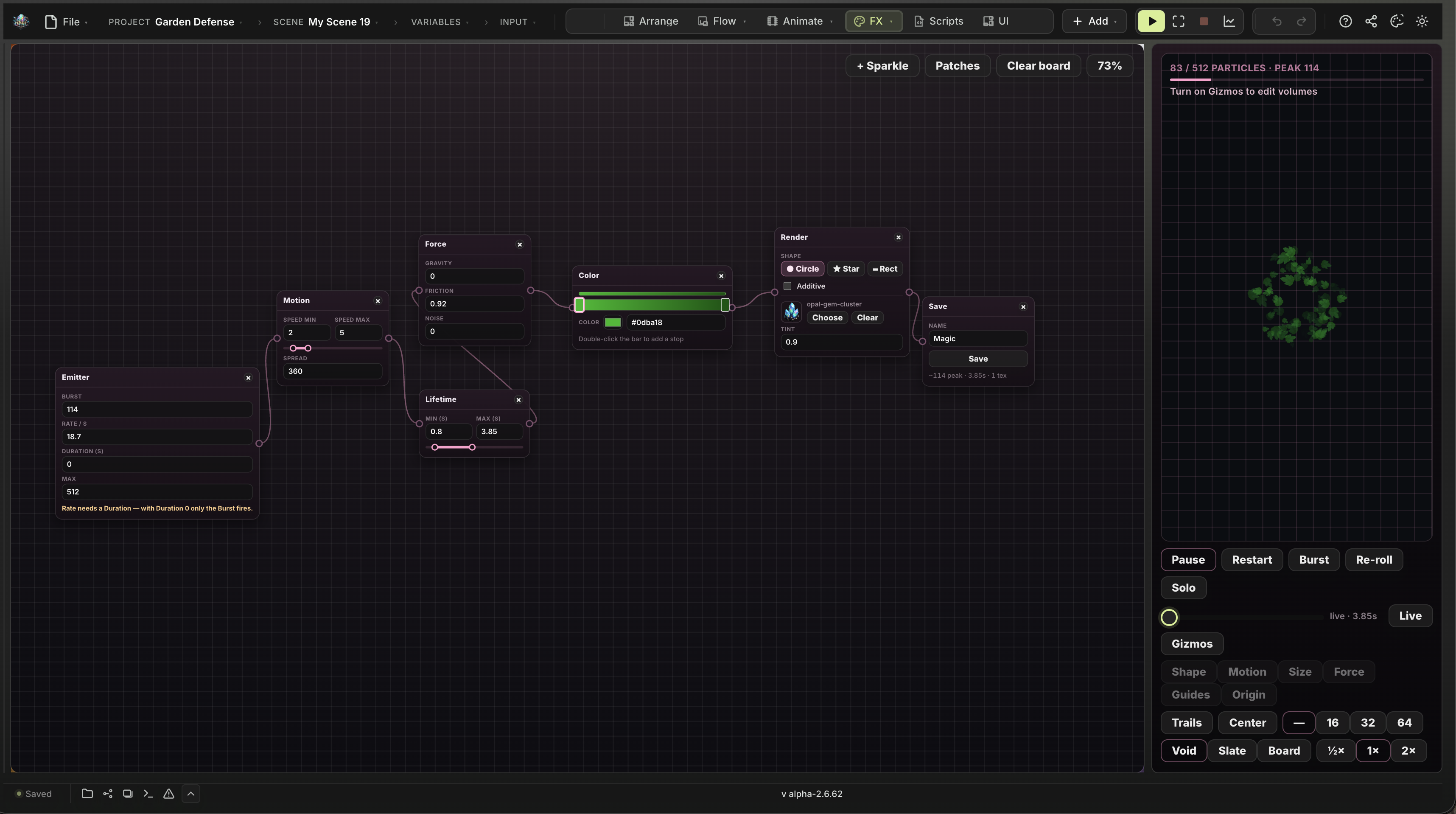 The FX workspace in the Opal editor: a particle node graph from Emitter to Render beside a live green-spark preview