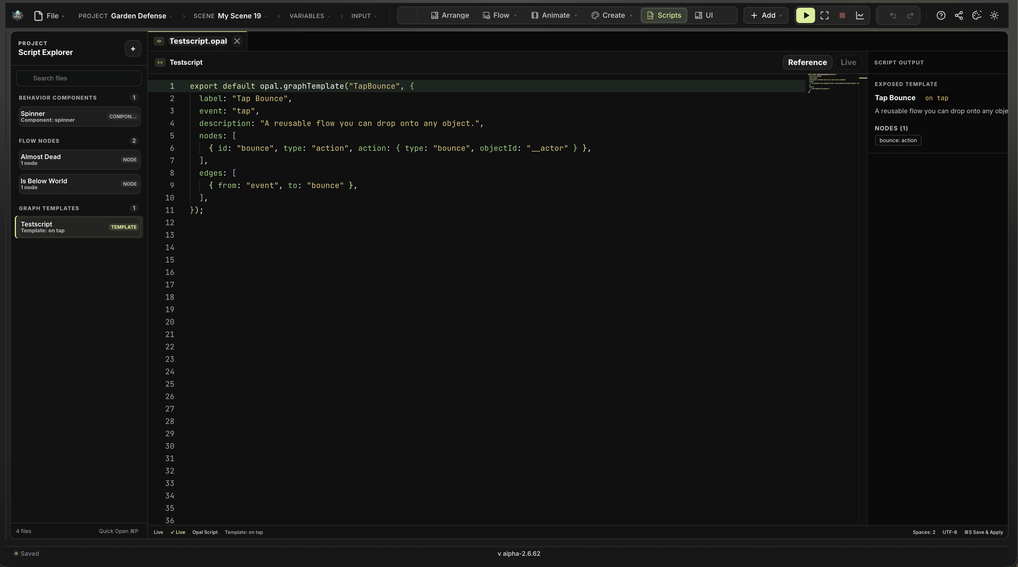 The Scripts workspace in the Opal editor: a Tap Bounce graph template open in the code editor beside the script explorer and script output