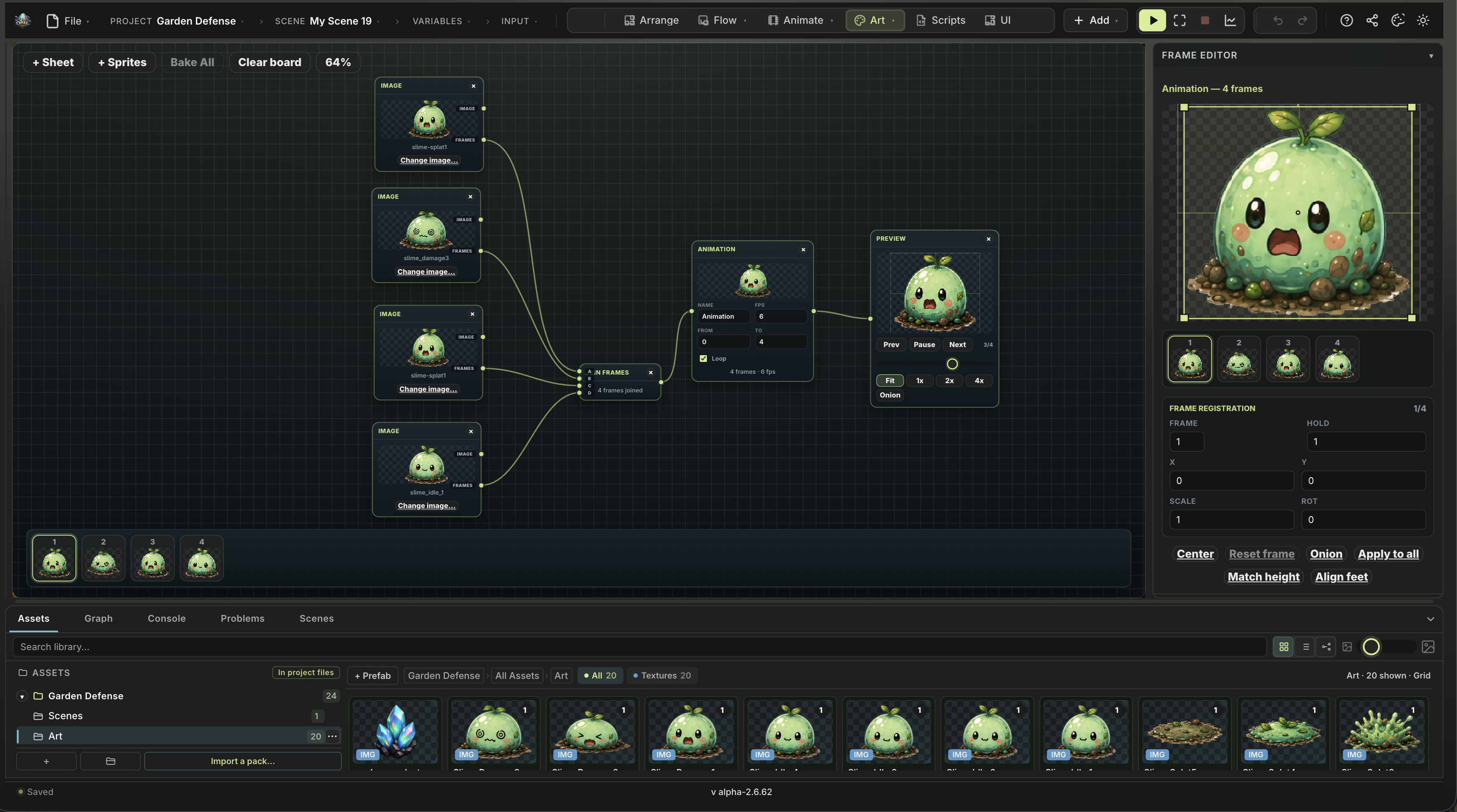 The Art Canvas in the Opal editor: slime sprite frames joined into an animation pipeline with a frame editor and asset library